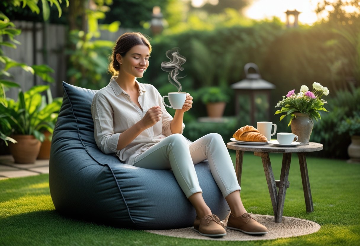 Den perfekte kaffepause i haven med en udendørs sækkestol